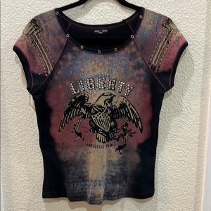 Skinny Minnie Liberty and Justice for All Shirt with Cap Sleeves and Grommets